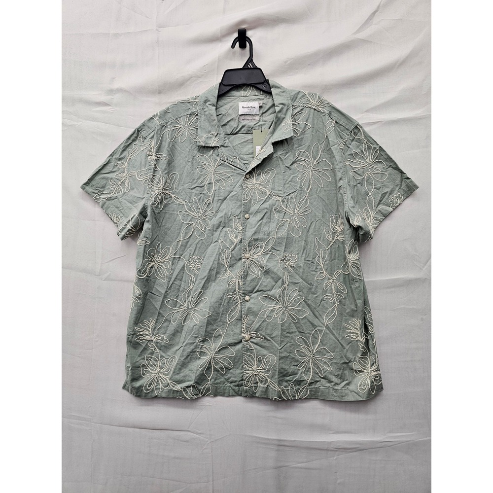 Goodfellow & Co Mens Floral Embroidered Camp Shirt Green Cotton Size XXL